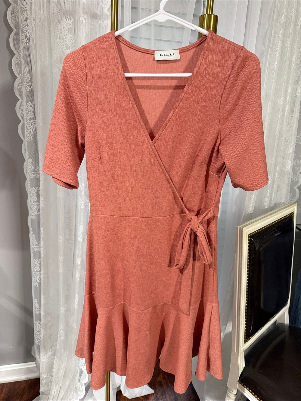 Gilli Coral-Peach Wrap Tie Mini Dress